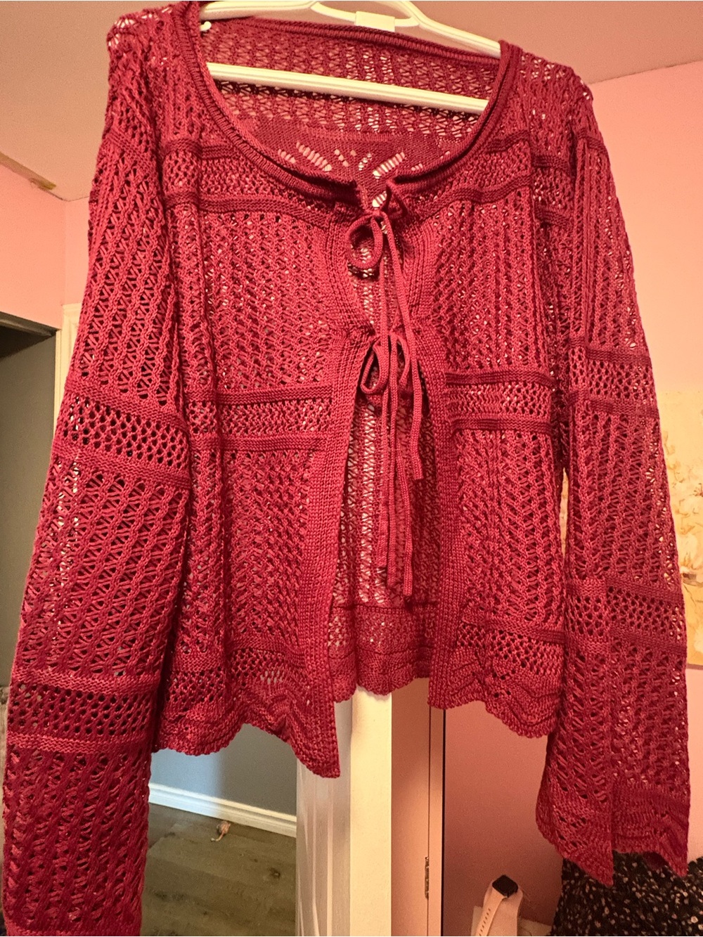 💗4/$20 Open-Knit Tie-Front Women’s Sweater Cardigan in Maroon